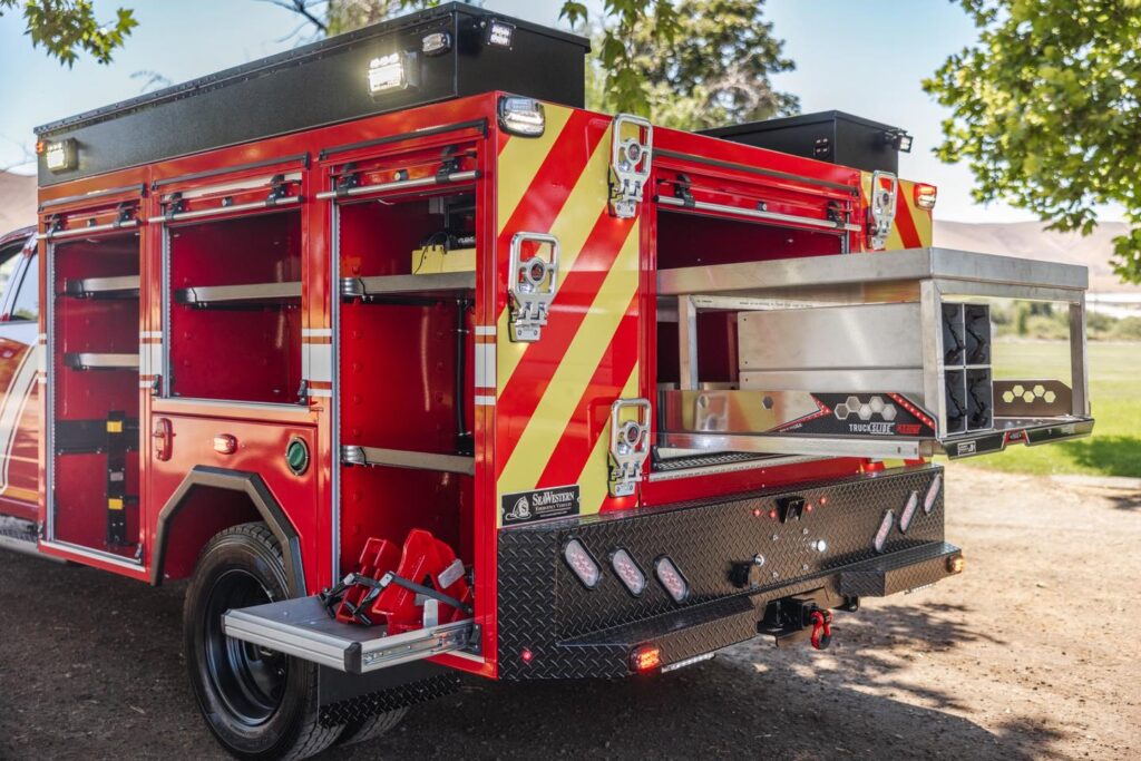 Topside coffin boxes on new Kuna fire district rescue unit for gear storage"